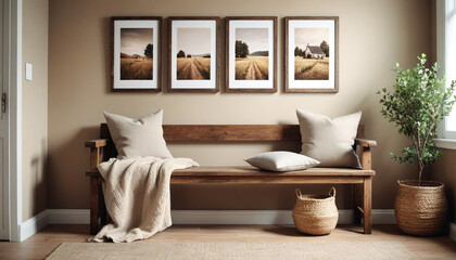 Wooden rustic bench with pillows against wall with two poster frames  Country farmhouse interior...