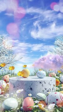 easter podium with painted eggs and spring meadow, looping vertical video