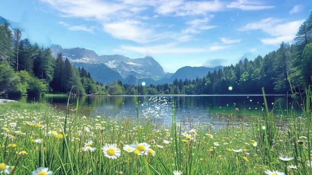 lake and mountain with meadow of spring flowers, looping video