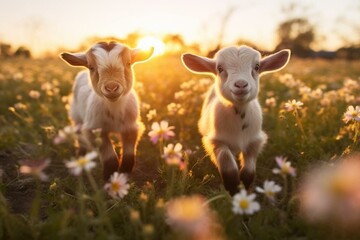 Two playful baby goats frolicking in a flower-filled field. Farm animals. Generative AI