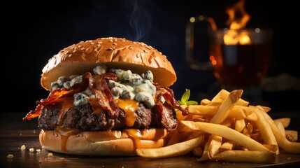 a juicy beef burger served with fries