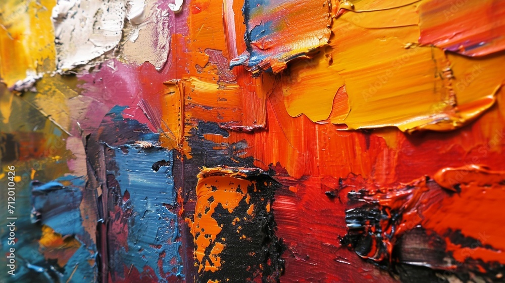Poster abstract painting with a mix of smooth and rough textures in a multicolored design, showcasing the v
