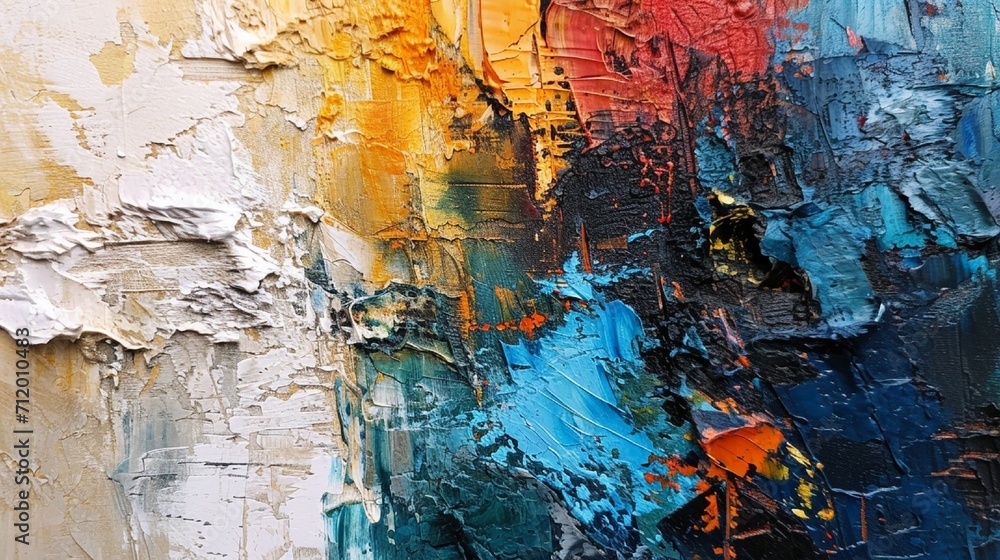 Poster abstract painting with a mix of smooth and rough textures in a multicolored design, showcasing the v