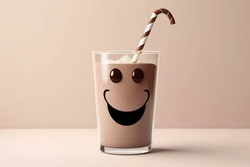 Foto auf Acrylglas Cheerful chocolate shake in a milk glass with a straw. Refreshing dairy drink for kids. Energizing and fun with a sporty, funny cartoon face emoji. Generative AI © William