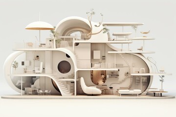 A sliced house with furniture on a white background, created through digital rendering. Generative AI