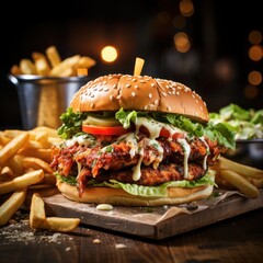 spicy chicken burger with fries