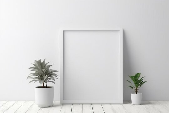 Empty frame mockup on white floor for your creative designs. Generative AI