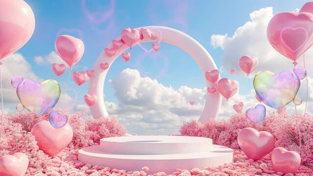 valentine podium with rose meadow and heart balloon for product, looping animation video background