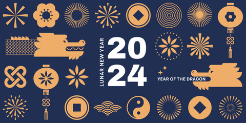 The Chinese New Year 2024 - the Year of the Dragon. Happy Chinese New Year 2024. Lunar New Year. Geometric vector flat modern style.