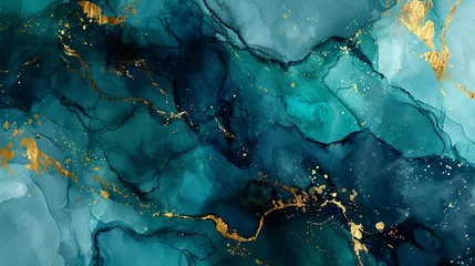 Foto auf Acrylglas Abstract watercolor paint background by deep teal color gold and green with liquid fluid texture for backdrop. © Muhammad