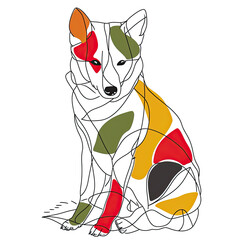 A drawing of a Shiba Inu showing the full body, in one-line drawing, colorful, clean minimalistic lines