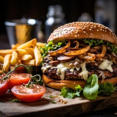 juicy classic cheese burger with melted cheese, tomatoes and lettuce serve with fries