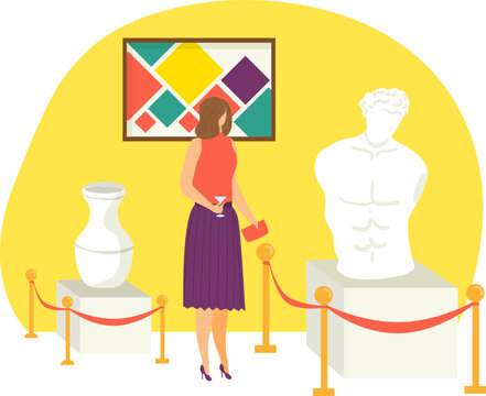 Woman standing in art gallery admiring abstract painting and classical sculpture. Art enthusiast visiting museum exhibition vector illustration.
