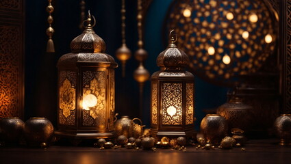 Ramadan background design with moon, mosque, leant,