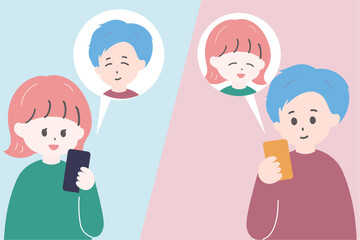 スマートフォンで連絡を取り合う男女　バイカラーの背景