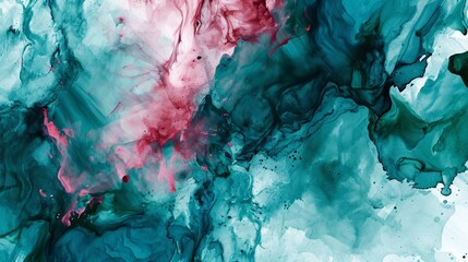 Abstract watercolor paint background by deep teal color pink and green with liquid fluid texture for backdrop.
