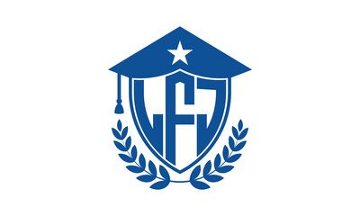 LFJ three letter iconic academic logo design vector template. monogram, abstract, school, college, university, graduation cap symbol logo, shield, model, institute, educational, coaching canter, tech