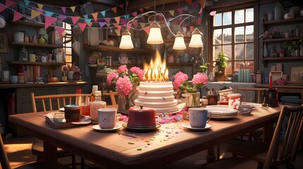 A joyful birthday celebration in a cozy living room. The table is decorated with a colorful tablecloth, confetti, and party hats. The cake is simple yet charming, with a personalized message - obrazy, fototapety, plakaty