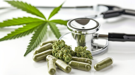 cannabis leaf, stethoscope and pills on white background