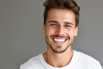 Fototapeta premium young man smiling with white teeth on grey background