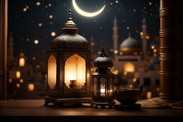 Obraz premium Ramadan background design with moon, mosque, leant 
