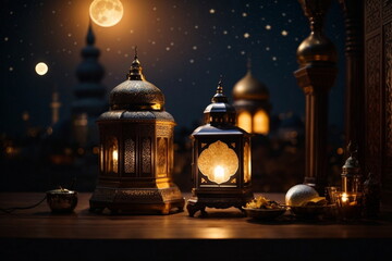 Obraz premium Ramadan background design with moon, mosque, leant 