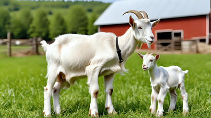 Obraz premium Mom goat and baby goat in field farm. Generated with AI.