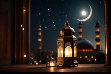 Ramadan background design with moon, mosque, leant 
