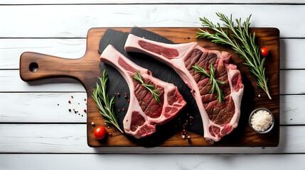 T-bone of goat meat on cutting board. isolated on white background. copy space. Generated with AI. - obrazy, fototapety, plakaty
