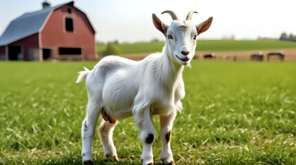 Fototapeta premium Little goat in field. farm barn background. Generated with AI.