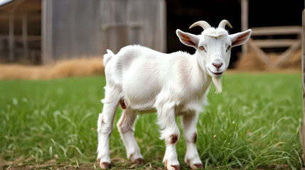 Little goat in field. farm barn background. Generated with AI.