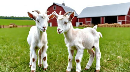 Naklejka na ściany i meble Little goat in field. farm barn background. Generated with AI.