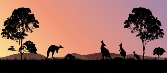Fototapeta na wymiar Silhouette of Kangaroos at Sunset in the Australian Outback
