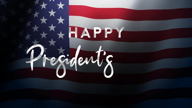 Happy President Day Greeting animation text, lettering motion with united states of America waving flag and blue background. Alpha Channel