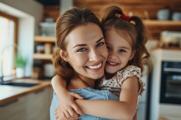 Happy smile mother embracing girl on shoulder at home