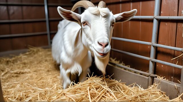 Close up goat eating hay in stable, farm barn, isolated on background, Generated whit AI.