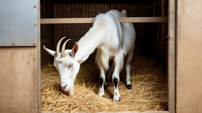 White goat eating hay in stable, farm barn, isolated on background, Generated whit AI.