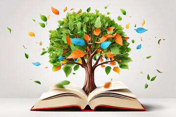 Celebrate International Literacy Day. A vibrant concept with a tree adorned with colorful books as leaves. Promote education, knowledge, and literacy on a white background.