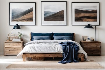 A rustic wooden bed adorned with blue pillows, flanked by two bedside cabinets, all set against a white wall adorned with three poster frame
