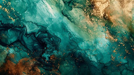 Abstract watercolor paint background by deep teal color brown and green with liquid fluid texture for backdrop. - obrazy, fototapety, plakaty
