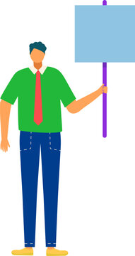 Cartoon man in green shirt and jeans holding a blank sign. Business casual male character with a placard. Advertisement and marketing concept vector illustration.