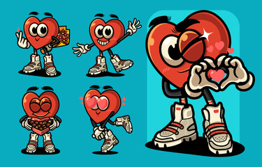 Modern Heart Mascot Character Set with Varied Poses 