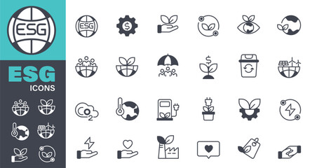 ESG, Environmental, Social, and Governance Concept Icons stock illustration. Solid icon collection. Vector graphic elements, Business, Environment, Sustainable Lifestyle, Sustainable Resources