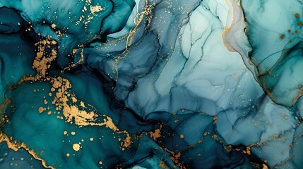 Abstract watercolor paint background by deep teal color gold and green with liquid fluid texture for backdrop.