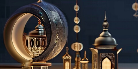 Fototapeta na wymiar Ramadan background design with moon, mosque, leant 