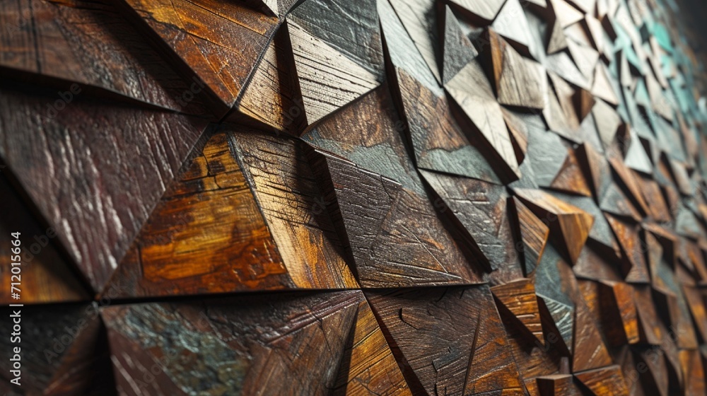 Poster abstract wooden wall texture with glossy, glazed mosaic tiles in a random geometric pattern, adding 