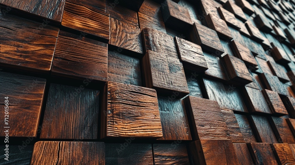 Poster abstract wooden wall texture with glossy, glazed mosaic tiles in a random geometric pattern, adding 