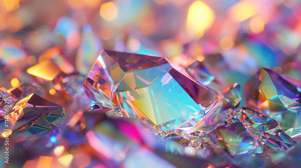 Poster an abstract 3d render of a faceted opal-like background with iridescent colors.