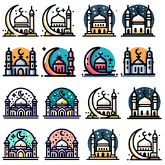 icons set A line art illustration of a mosque with a crescent moon and a minaret. The mosque is simple in design, with a single dome and two minarets. The crescent moon is a symbol of Islam, and the m