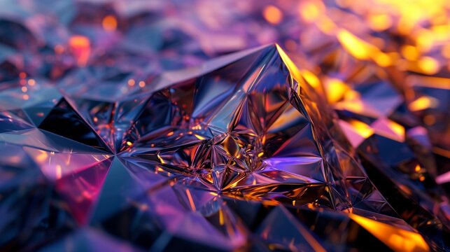 An abstract 3D render of a diamond crystal background with intricate light refraction and faceted texture.
